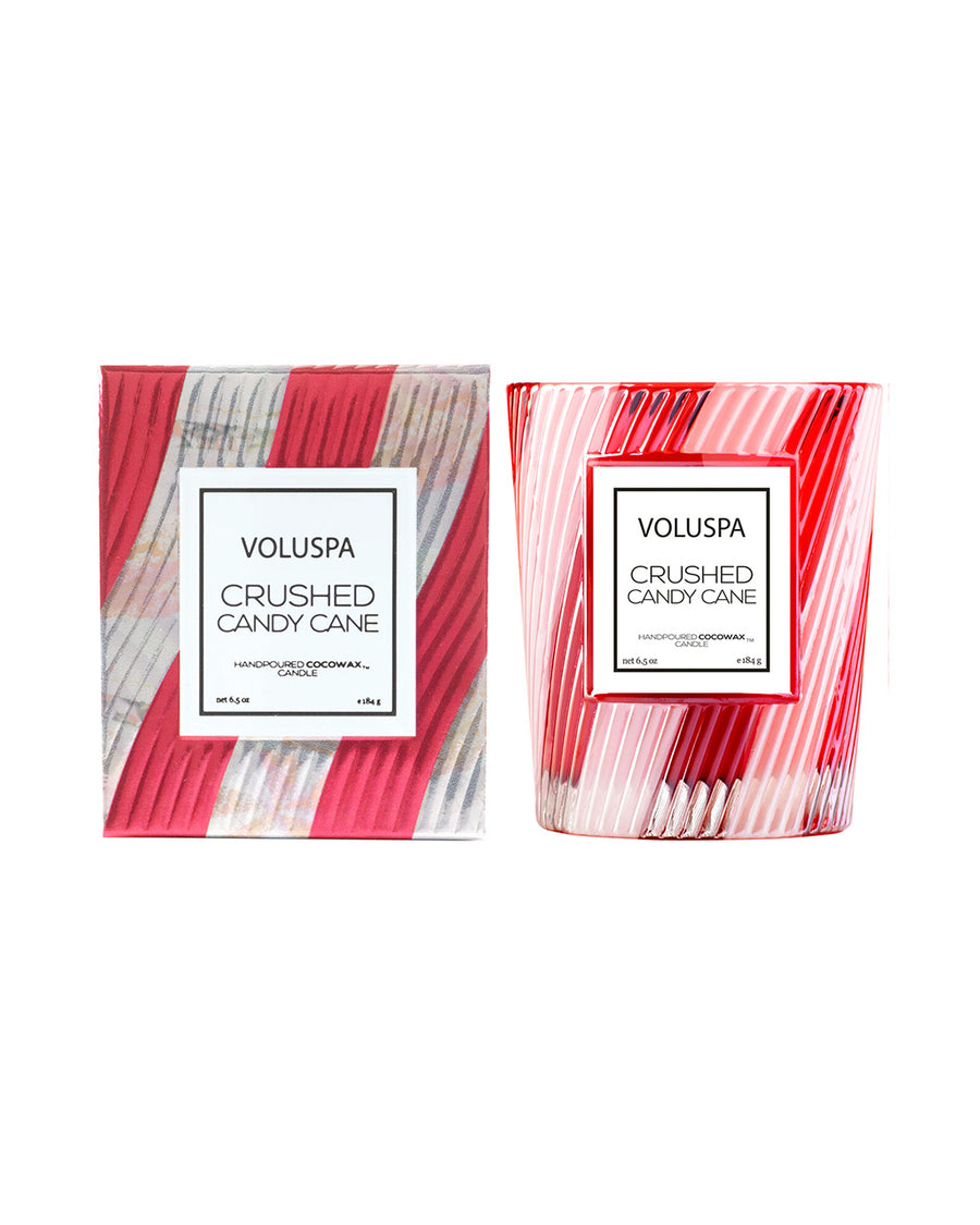 red and white striped candy cane scented candle and box