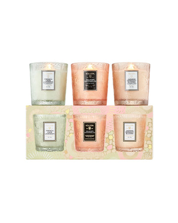 set of 3 5oz. candles in watermelon, jasmine, and lavender on box