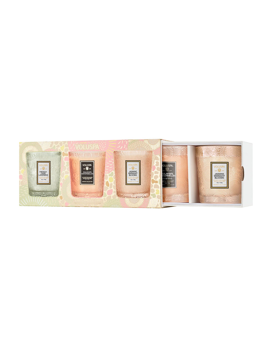 packaged set of 3 5oz. candles in watermelon, jasmine, and lavender