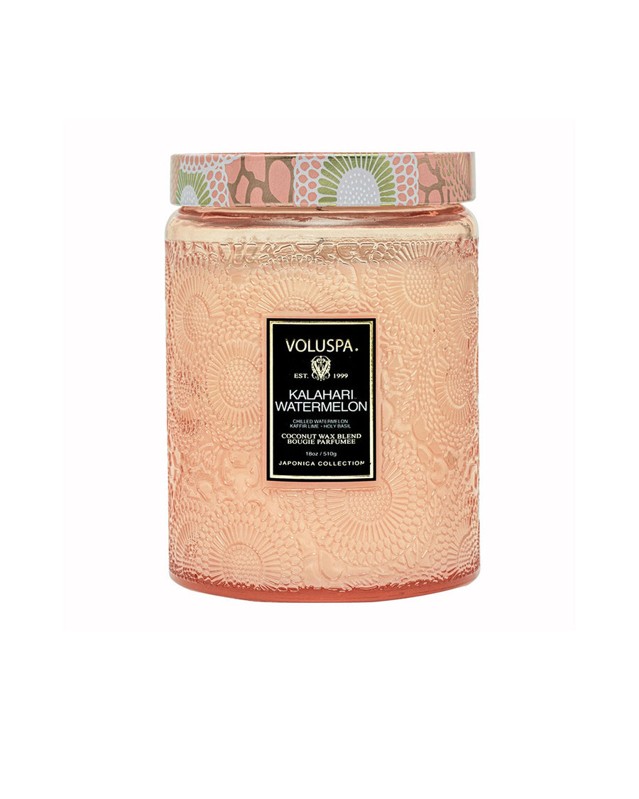 large 18oz. watermelon scented candle in a coral embossed vessel