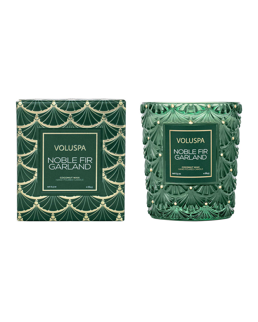 green embellished noble fir scented candle and box