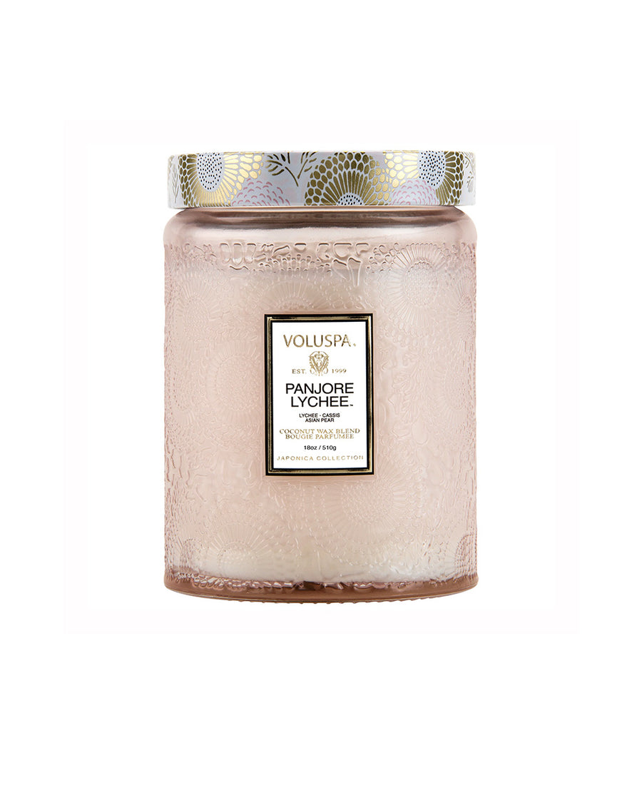 large 18oz. panjore lychee scented candle in a light pink embossed vessel