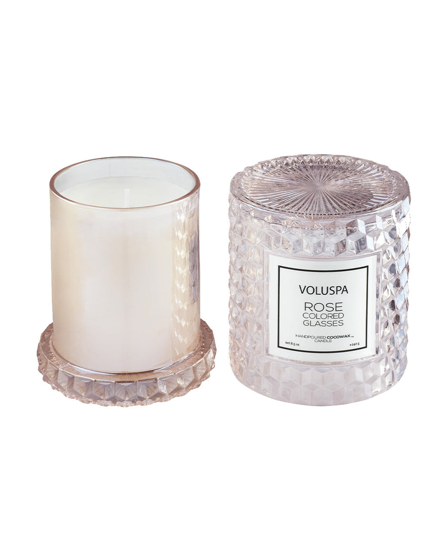 light pink rose scented 8.5oz. cloche candle  with the lid off revealing a white interior candle