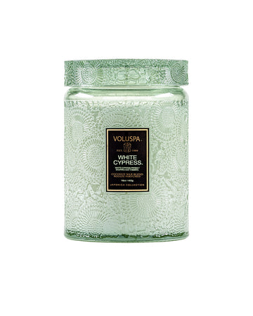 large 18oz. white cypress scented candle in a mint embossed vessel