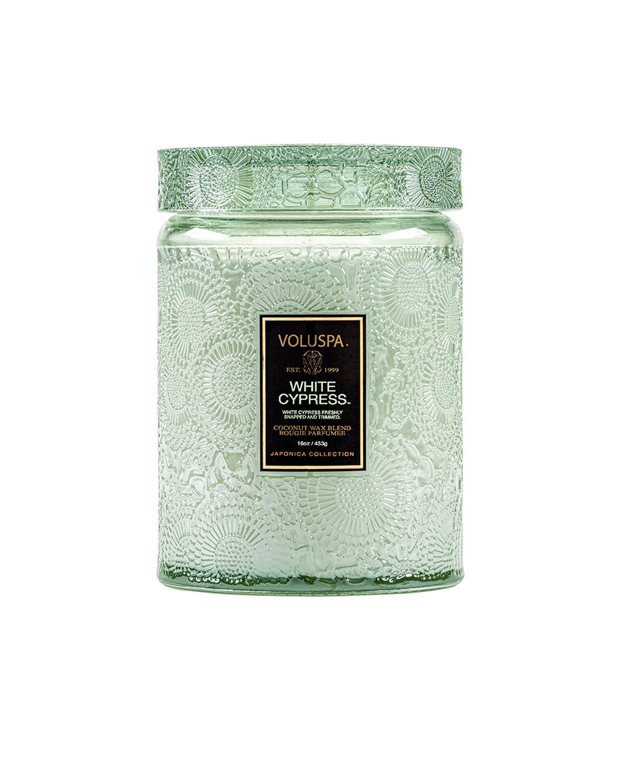 large 18oz. white cypress scented candle in a mint embossed vessel