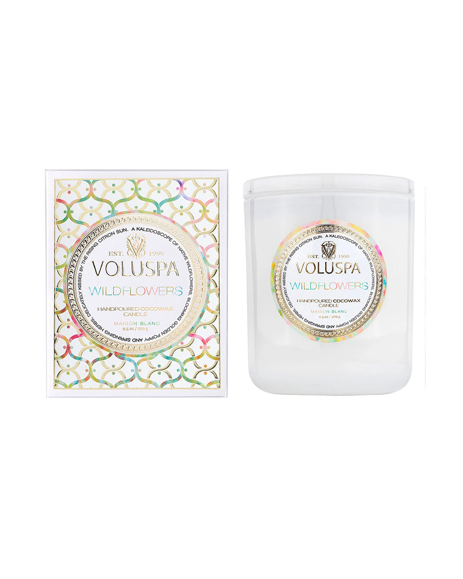 white wildflower scented candle and box