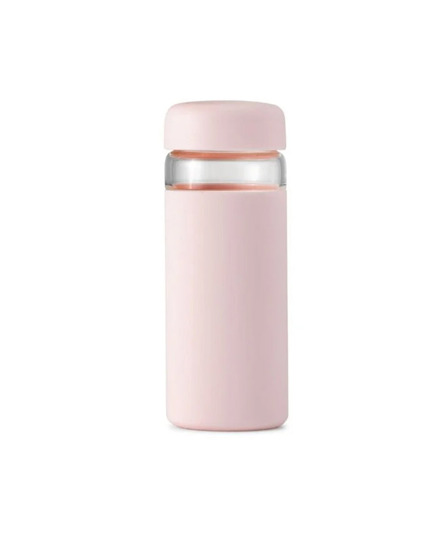 glass wide mouth water bottle with blush silicone grip sleeve and matching lid
