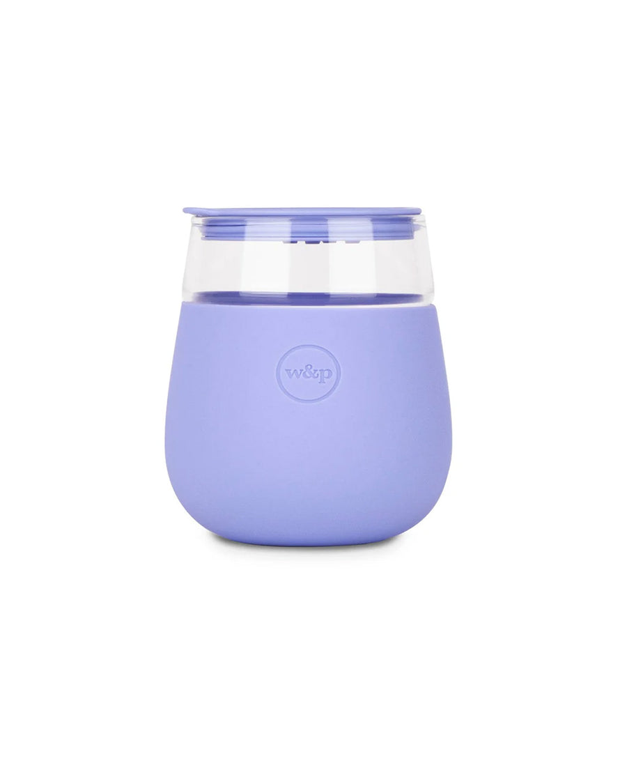 glass wine glass with lavender silicone sleeve and matching lid