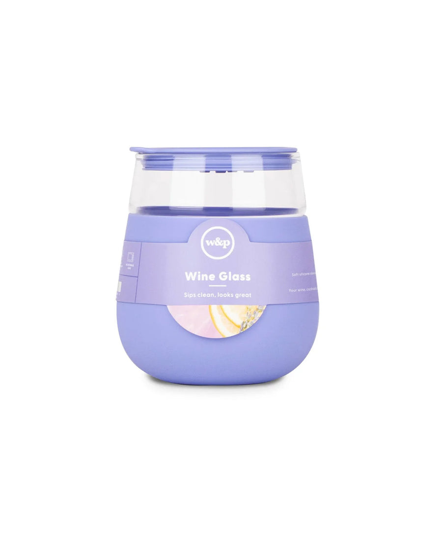 packaged glass wine glass with lavender silicone sleeve and matching lid