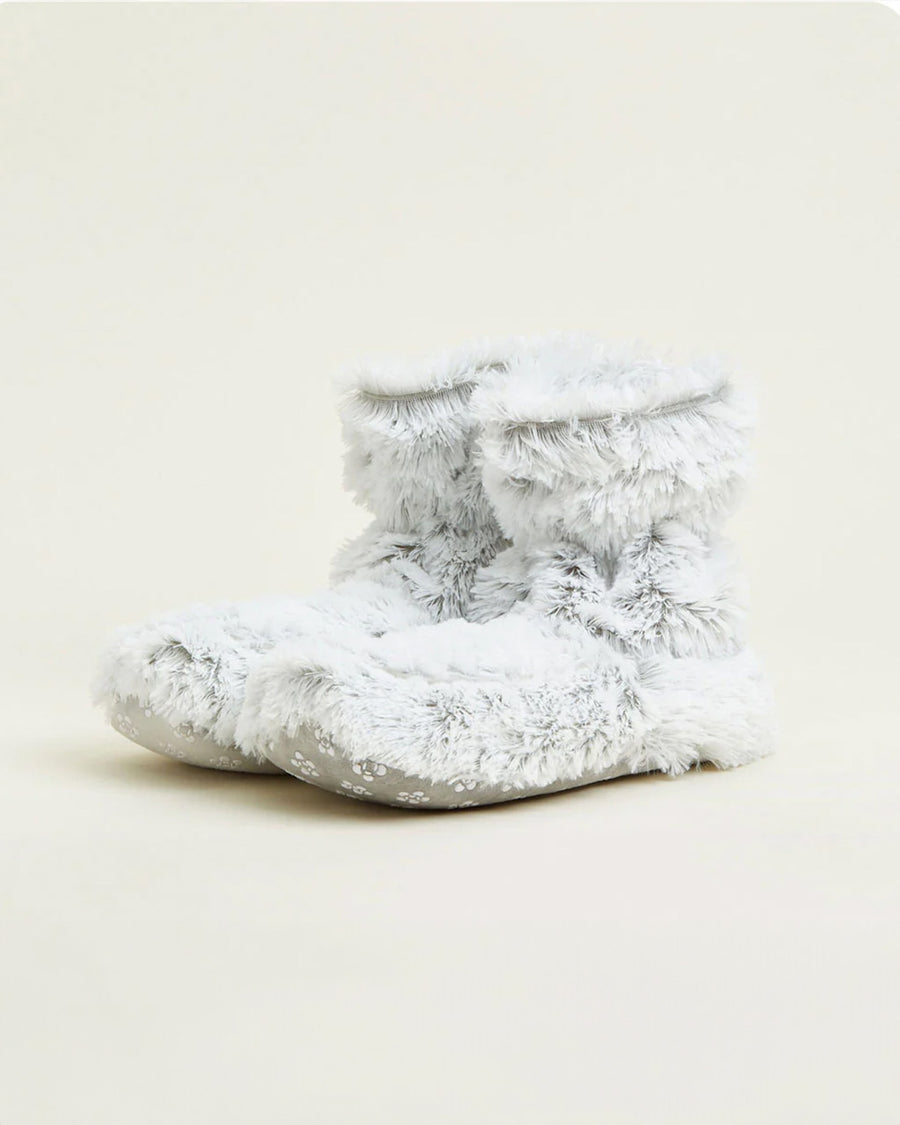 side view of gray fuzzy microwavable booties