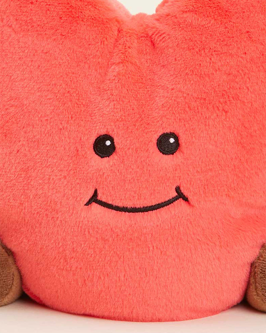 up close of pink heart-shaped plush toy with brown arms and legs