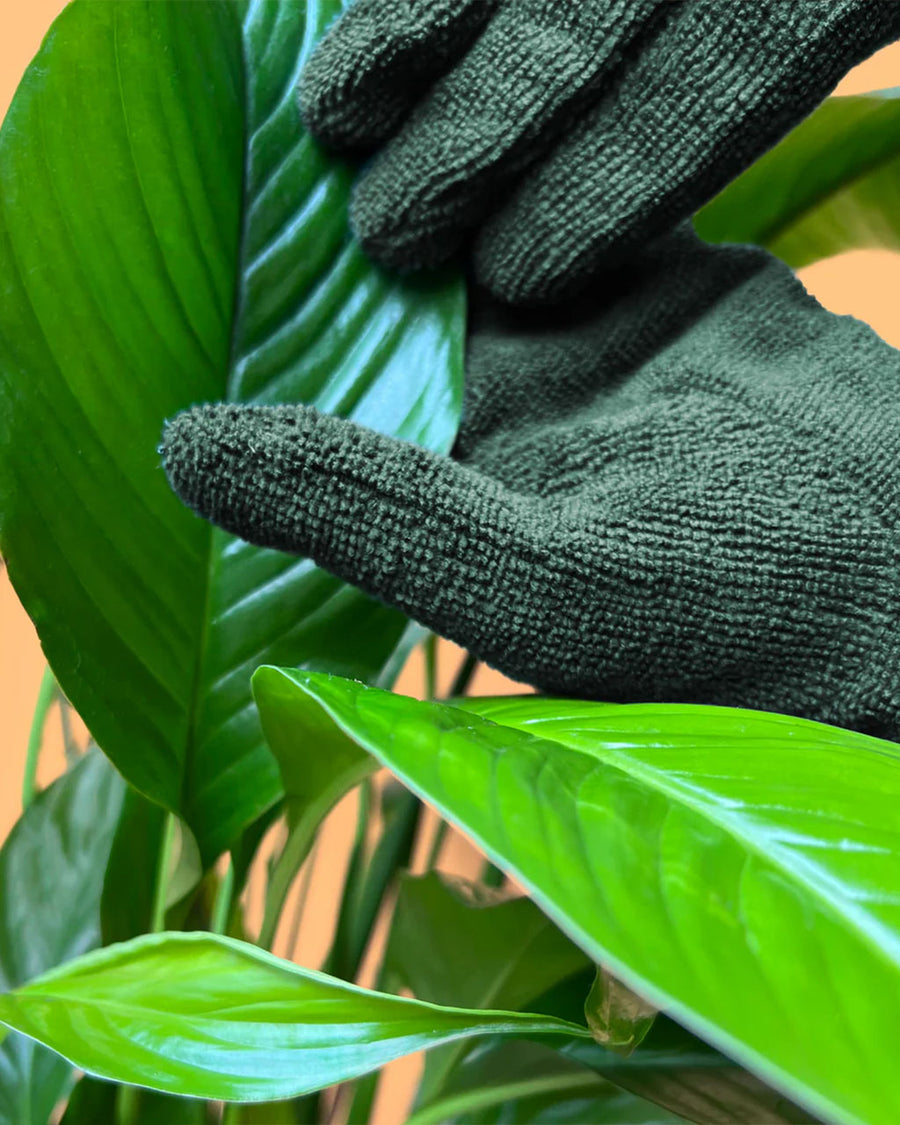 up close of dark green leaf cleaning gloves