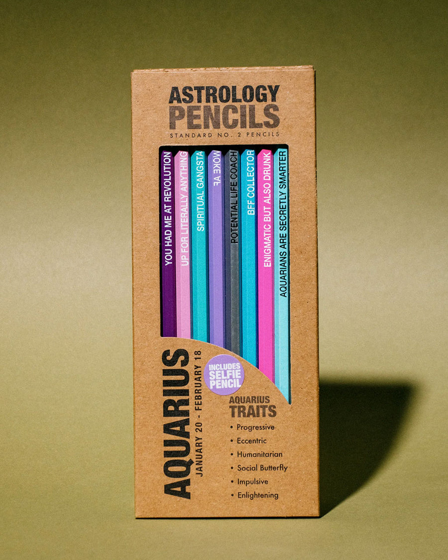 box of 8 wooden pencils with aquarius traits on them