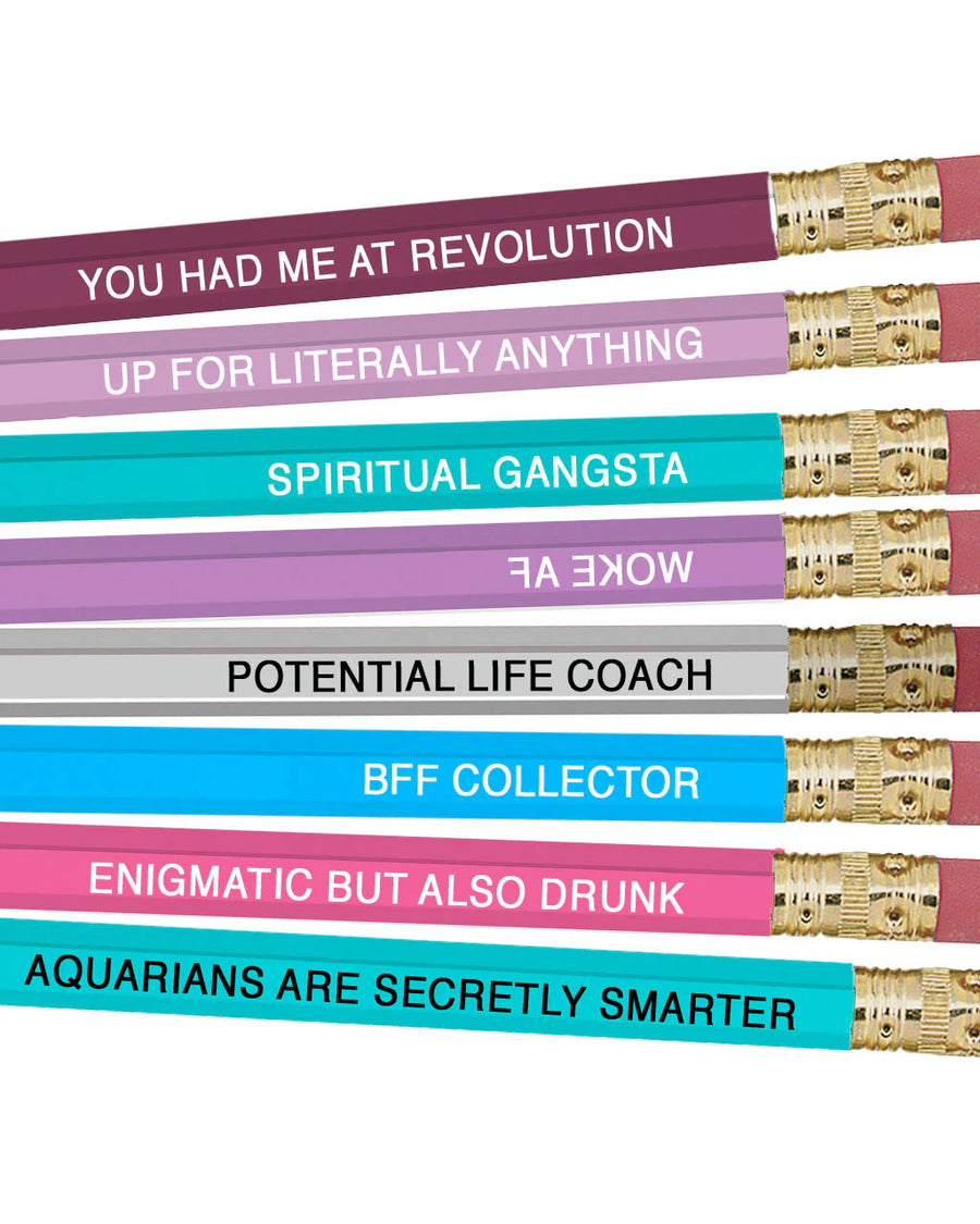 up close of 8 wooden pencils with aquarius traits on them