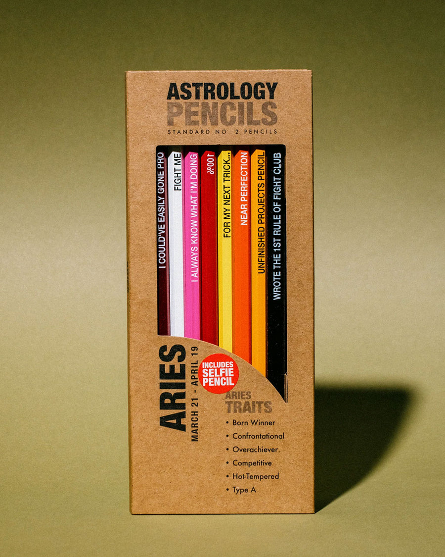 box of 8 wooden pencils with aries traits on them