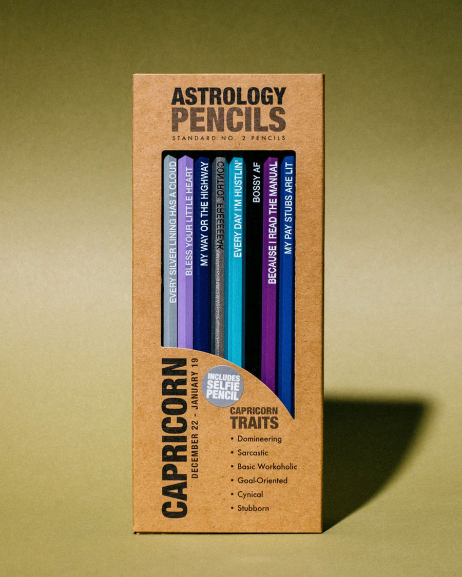 box of 8 wooden pencils with capricorn traits on them