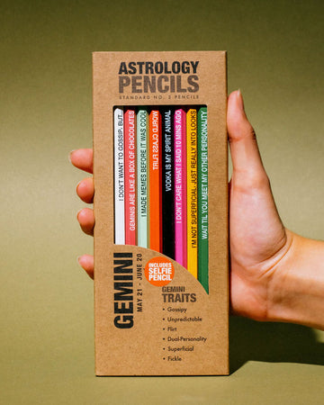 box of 8 wooden pencils with gemini traits on them