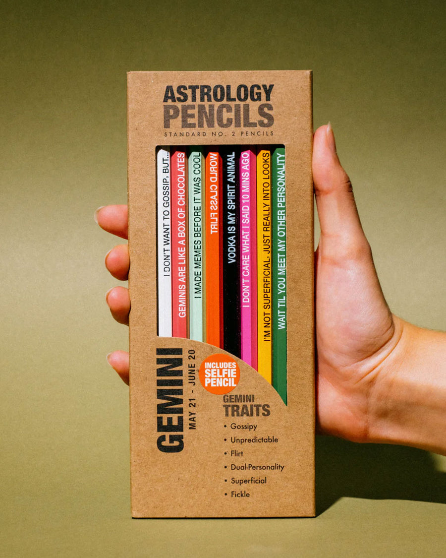 box of 8 wooden pencils with gemini traits on them