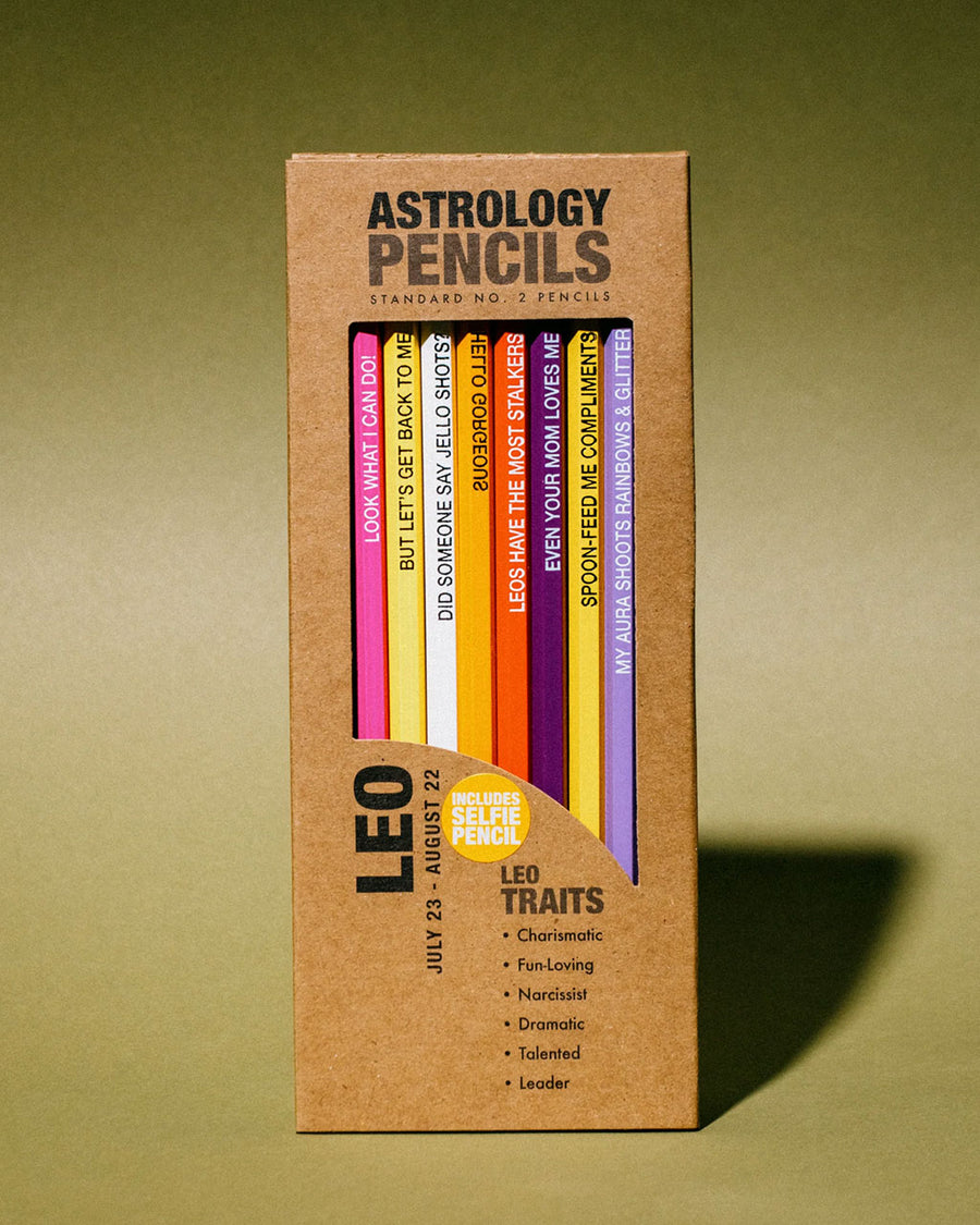 box of 8 wooden pencils with leo traits on them