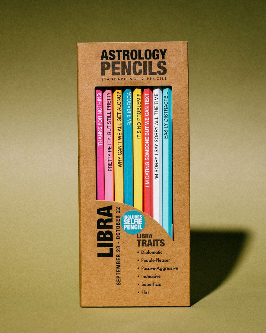 box of 8 wooden pencils with libra traits on them