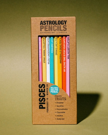 box of 8 wooden pencils with pisces traits on them