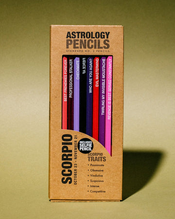 box of 8 wooden pencils with scorpio traits on them