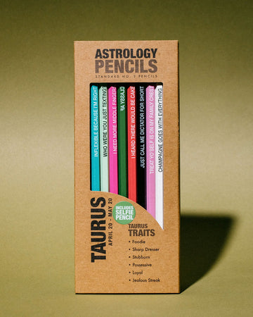 box of 8 wooden pencils with taurus traits on them