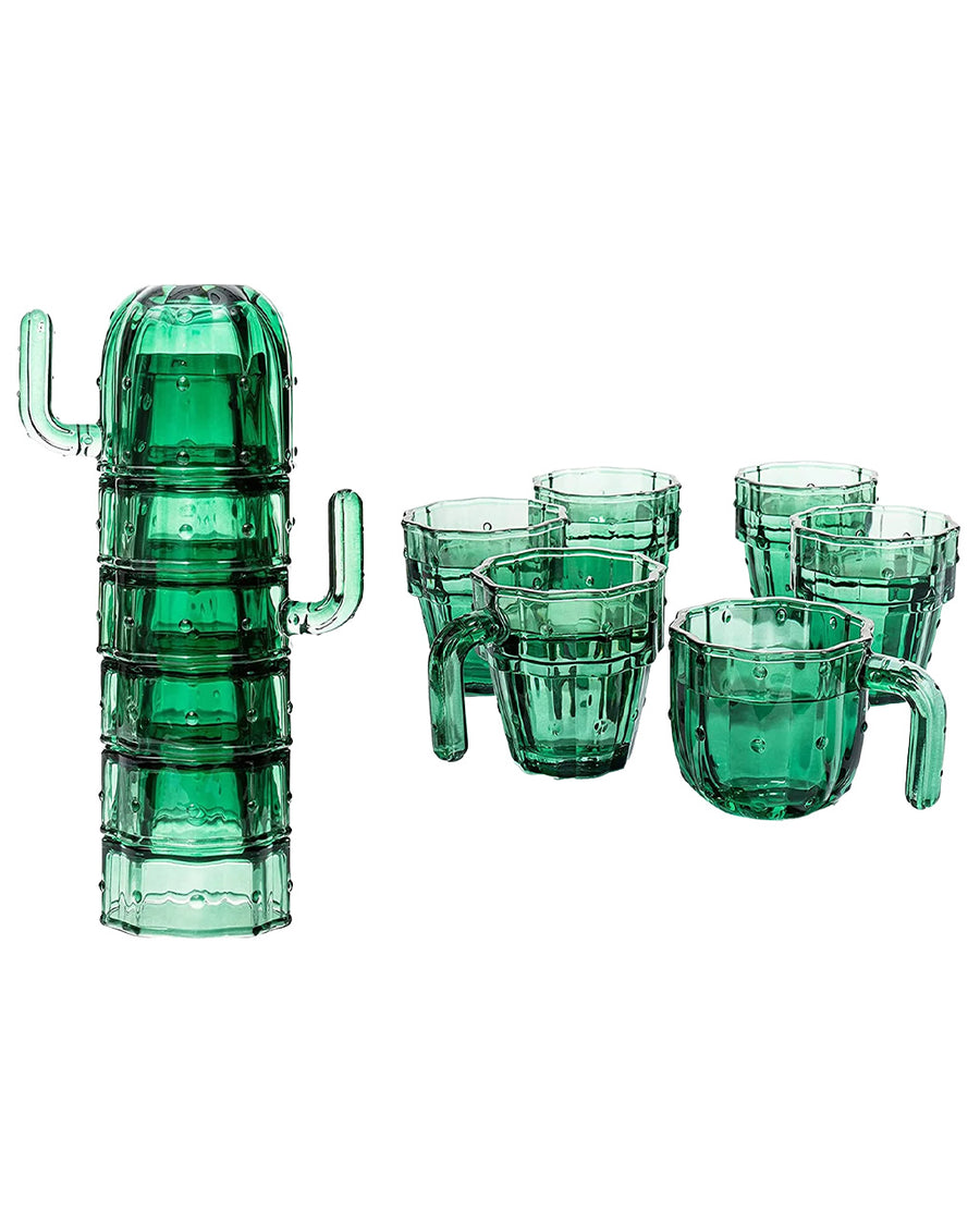 set of six cactus handled mugs that easily stack on a white ground