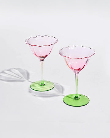 set of two pink tulip shaped champagne glasses