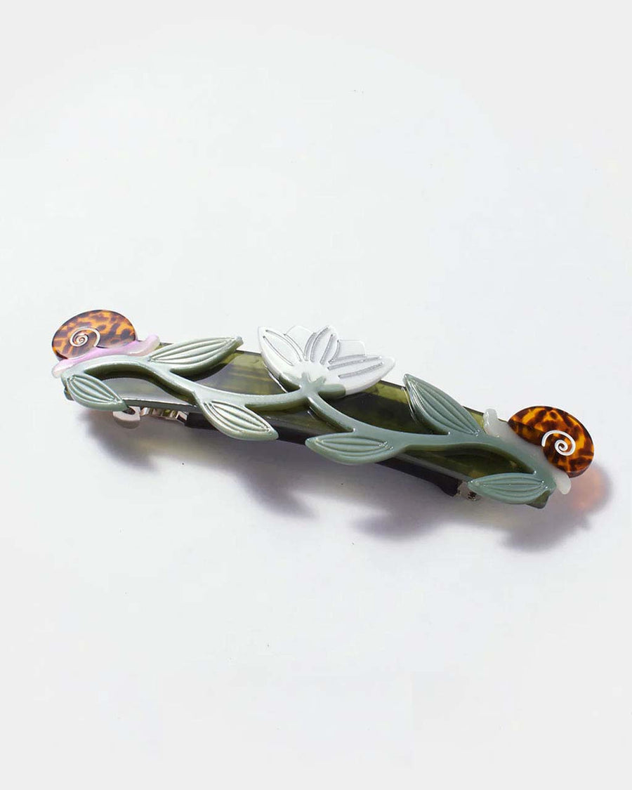 green french barrette with tortoise shell snail details