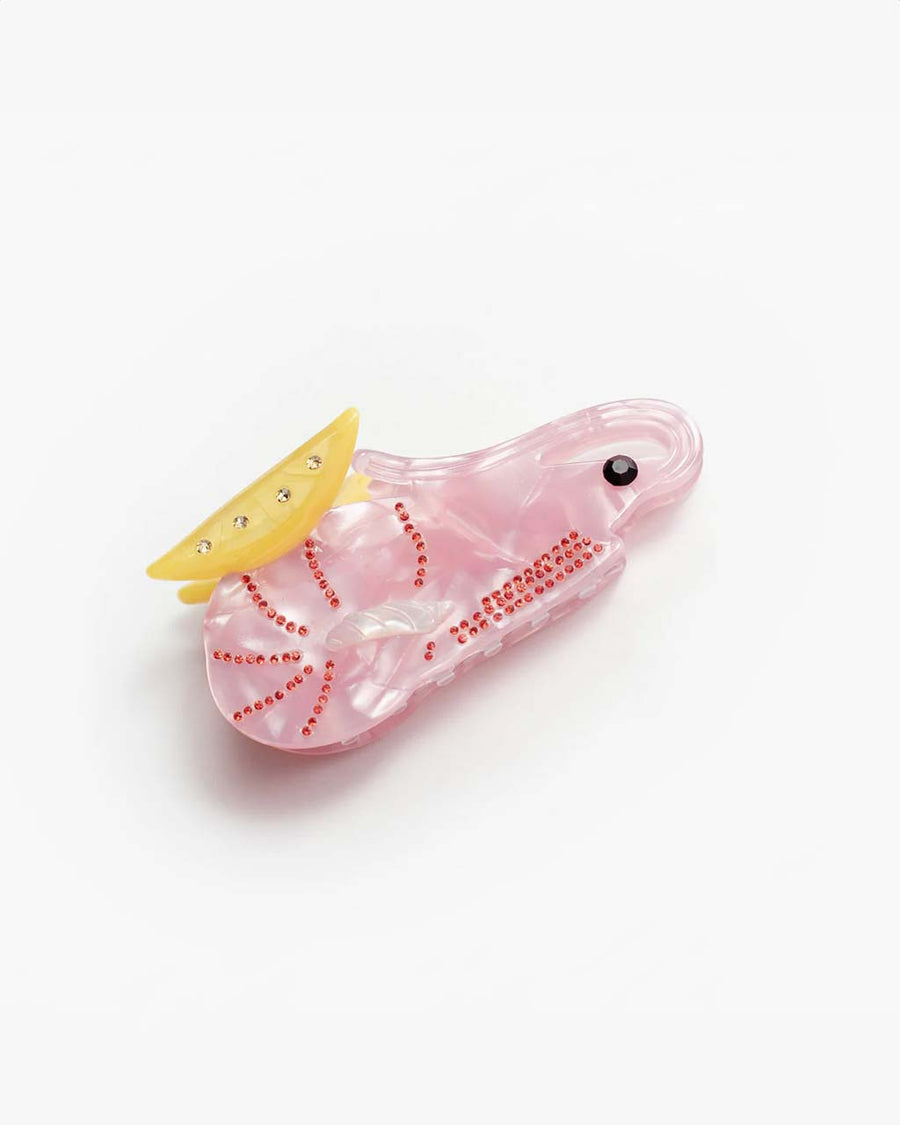 pink cajun shrimp hair claw with lemon detail on top