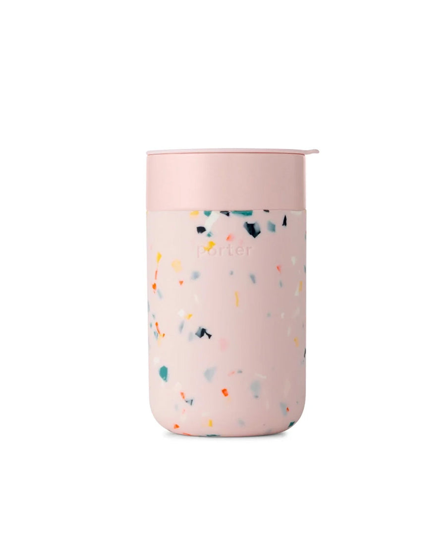pink terrazzo 16 oz. reusable coffee mug with lid
