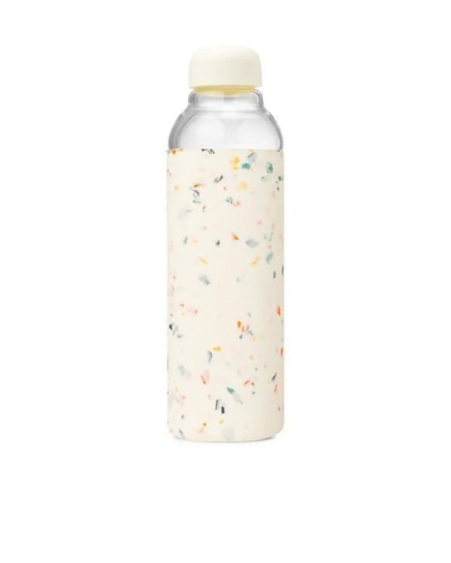 20 oz. glass water bottle with white terrazzo silicone cover