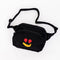 black fanny pack with strawberry eyes and banana smiley design