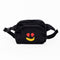 side view of black fanny pack with strawberry eyes and banana smiley design