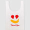 white standard baggu with fruit smiley (strawberry eyes and banana smile) with red 'thank you'