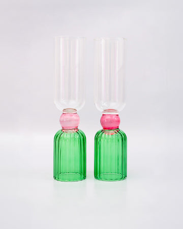 set of 2 bar glasses with green base and pink center detail