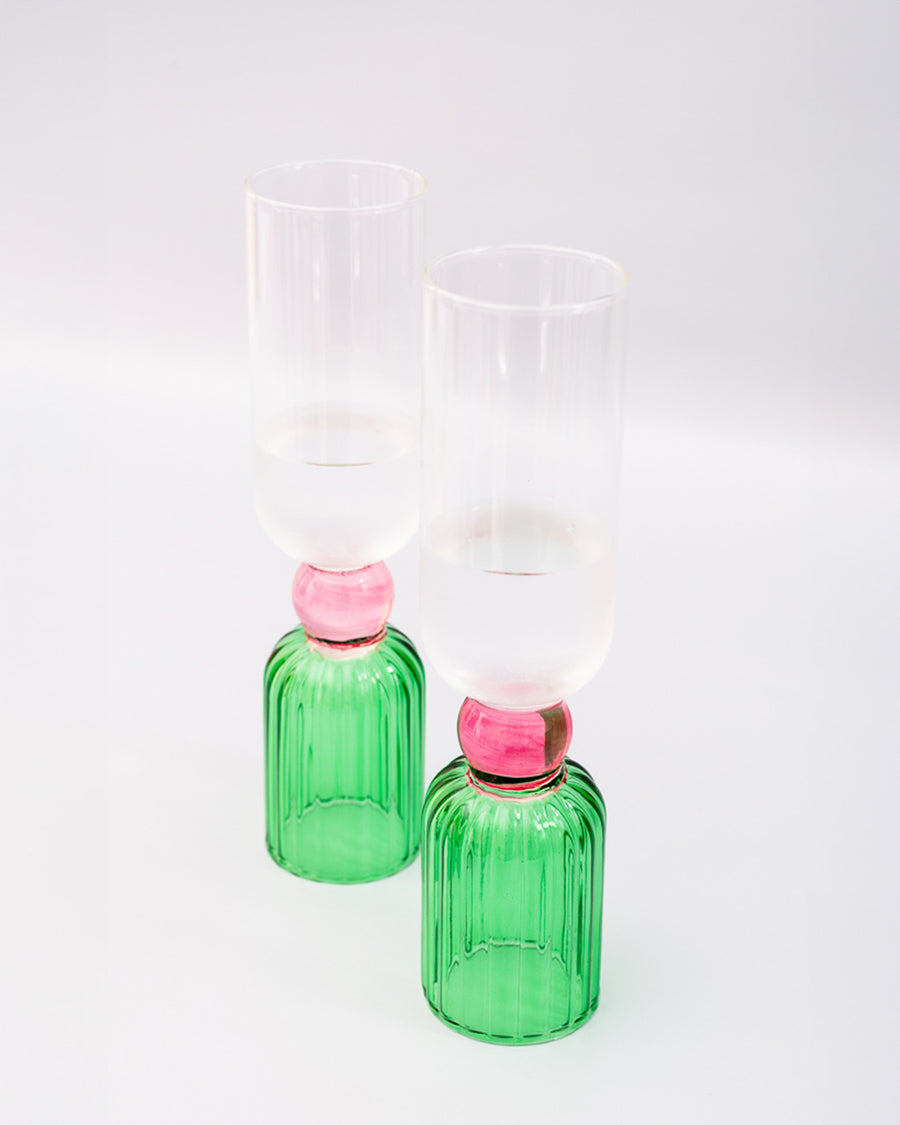 set of 2 bar glasses with green base and pink center detail