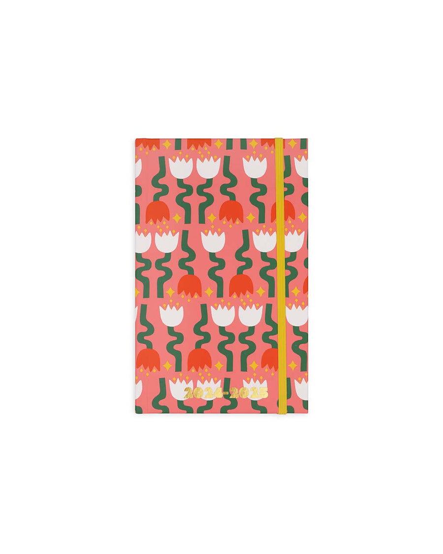 pink classic 17-month planner with red and white mid-century tulip print