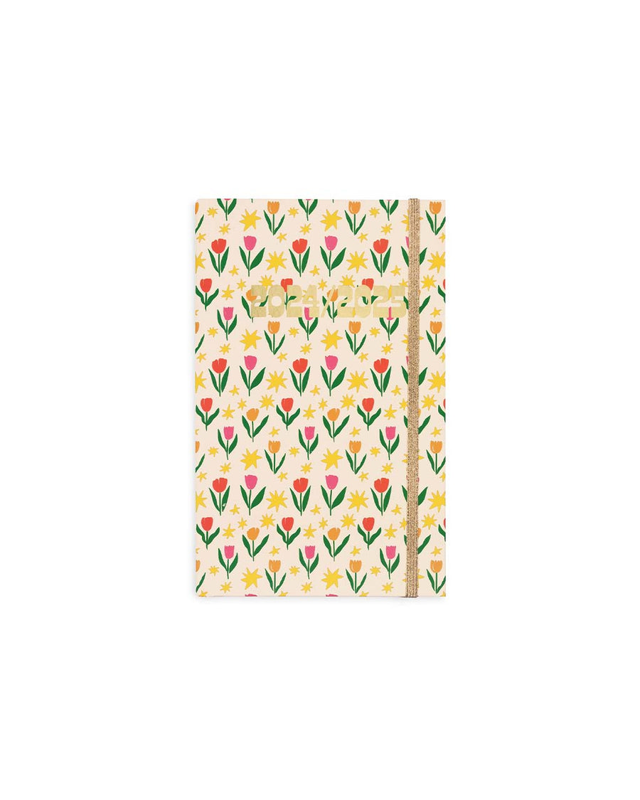 cream 17-month classic planner with pink, red and orange tulips and star print