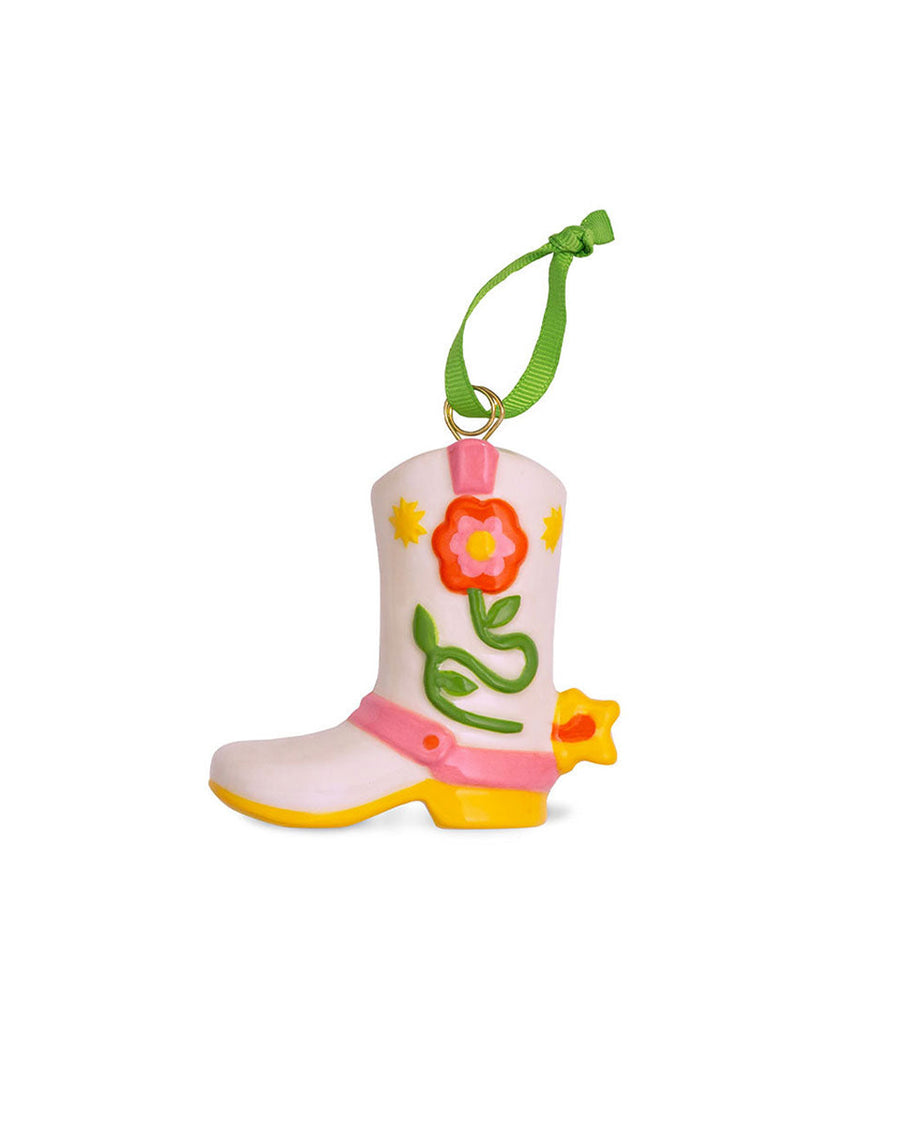 pink ceramic cowboy boot ornament with pink floral detail