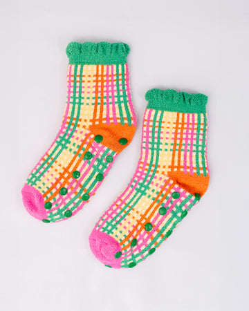 multicolor grid print chenille socks with green riffle and grip bottoms