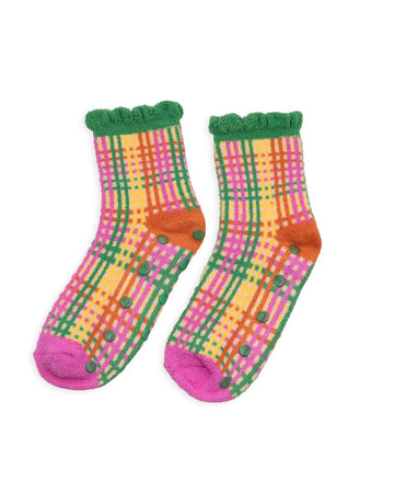 multicolor grid print chenille socks with green riffle and grip bottoms