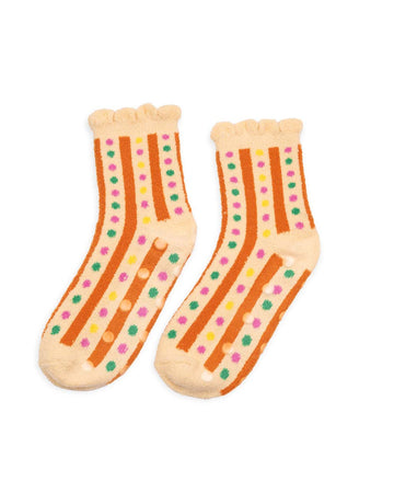 cream chenille socks with ruffle top with orange stripes and multicolor dots