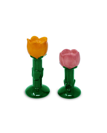 top view of orange and pink tulip candle holder