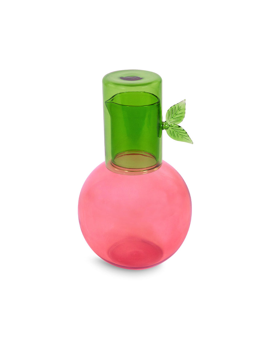 pink cherry shaped carafe with green lid/cup with leaf detail