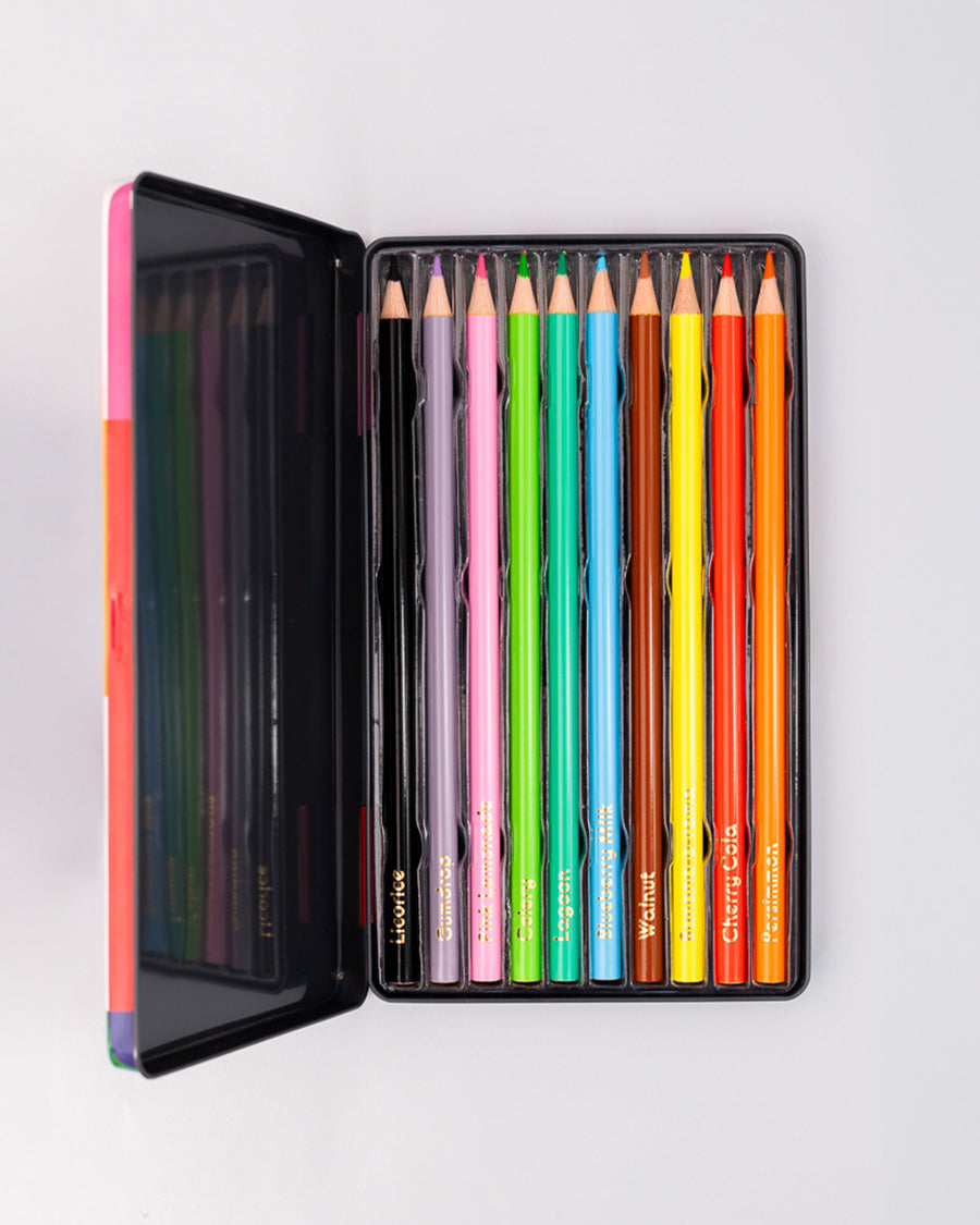 inside color pencils of 'color outside the lines' colored pencils and tin pencil case