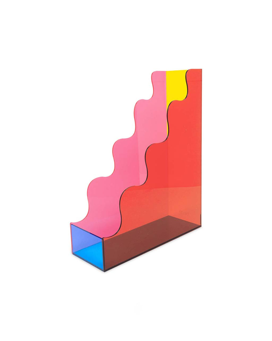 red, pink, yellow and blue acrylic wavy file folder holder