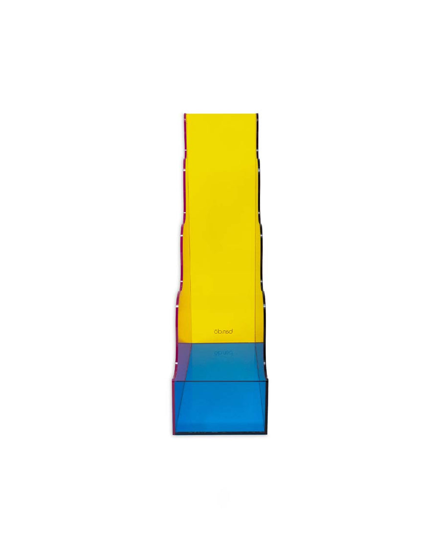 front view of red, pink, yellow and blue acrylic wavy file folder holder