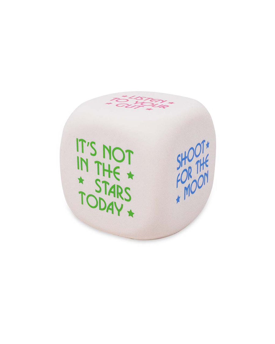 white foam de-stress dice with fun decision making sayings on it